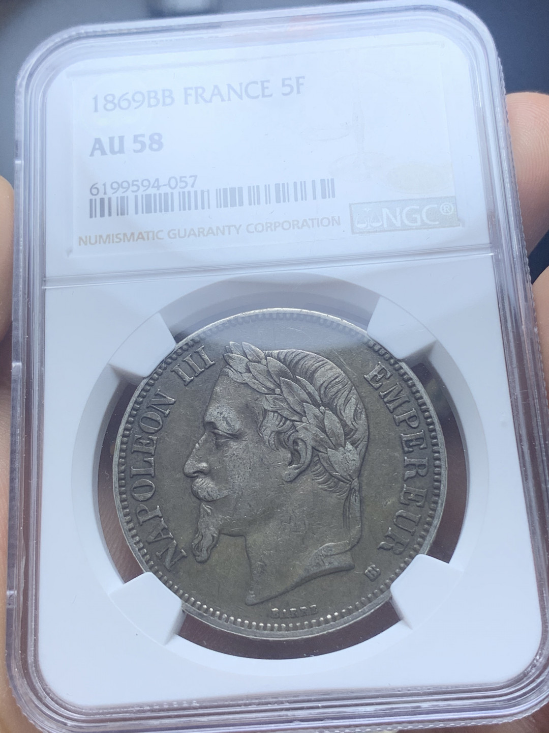 《竞宝斋》钱币微拍-第4场（0佣金包邮） NGC-AU58 法国拿三 1869年-BB 5法郎 传世黑包浆 银币