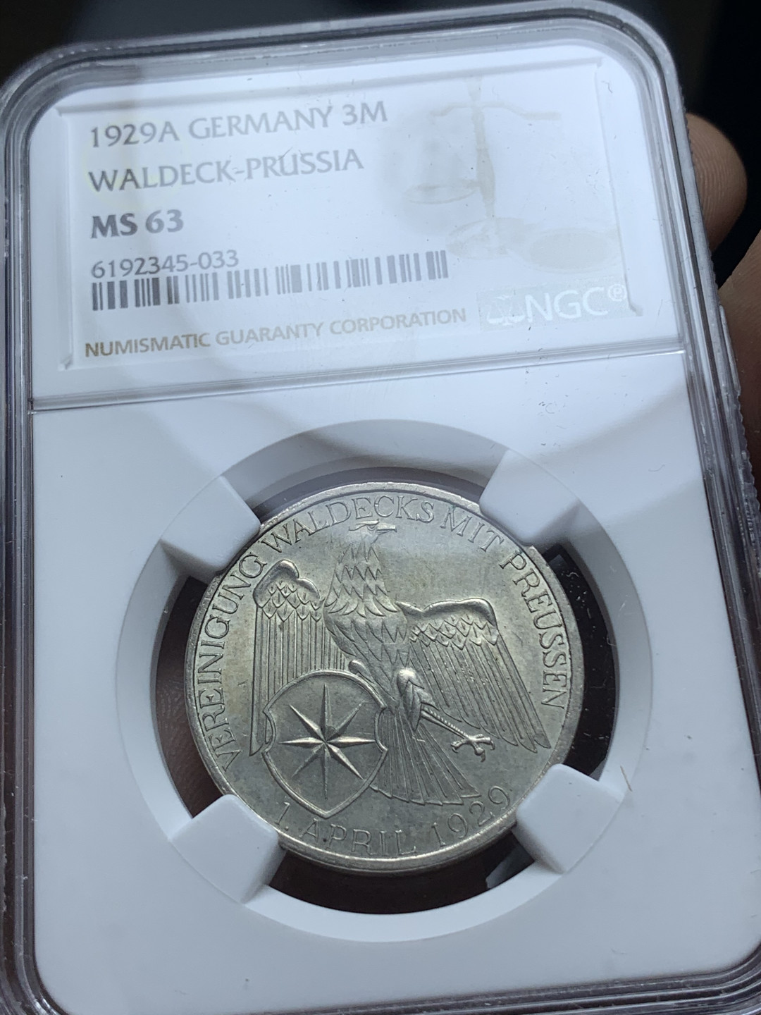 《竞宝斋》钱币微拍-第4场（0佣金包邮） NGC-MS63 德国魏玛共和国普鲁士同盟 1929年 3马克 银币