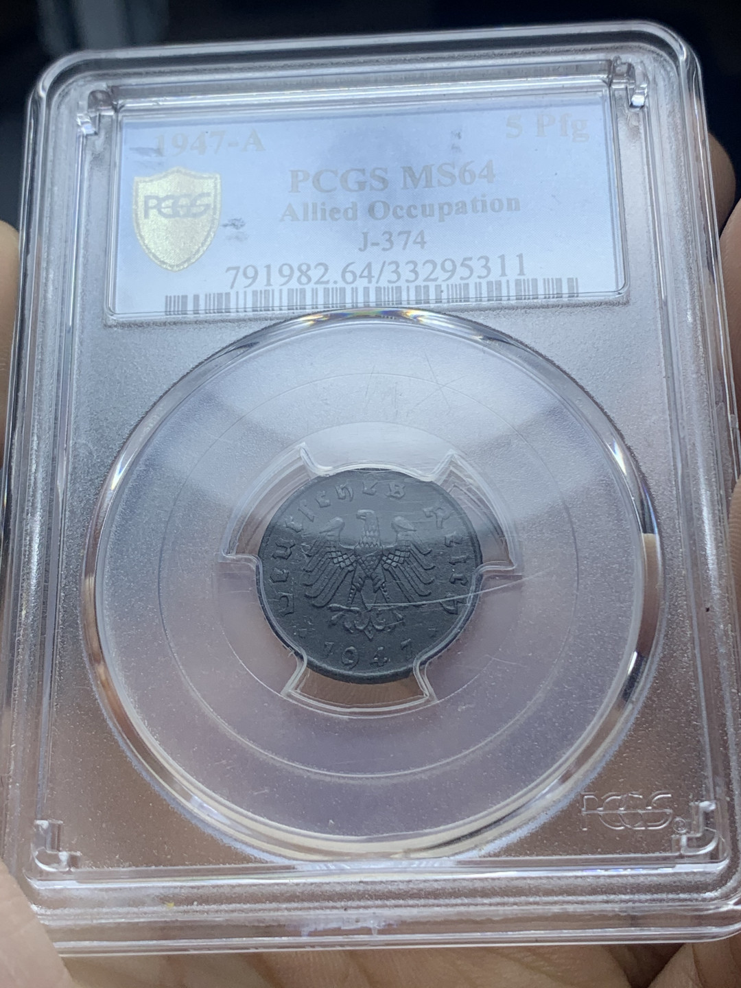 《竞宝斋》钱币微拍-第4场（0佣金包邮） （PCGS网封面币）1947年德国A版5芬尼锌币（PCGS-MS64亚军分）