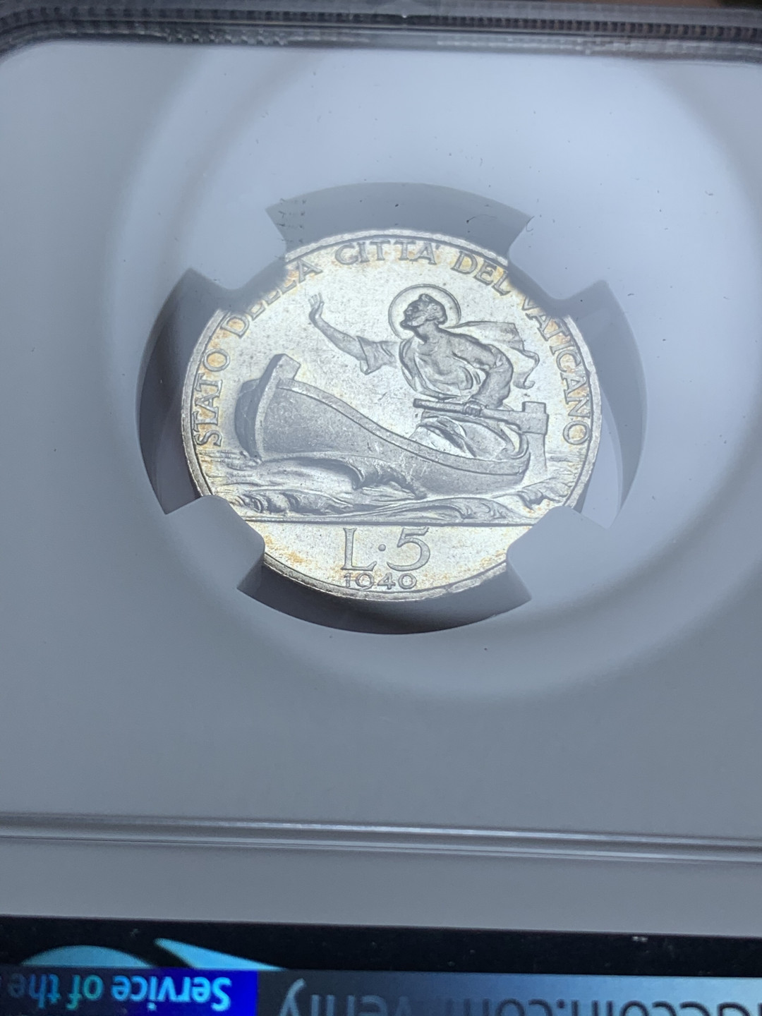 《竞宝斋》钱币微拍-第4场（0佣金包邮） NGC-MS64 梵蒂冈 1940年 小船5里拉 单面重彩 银币