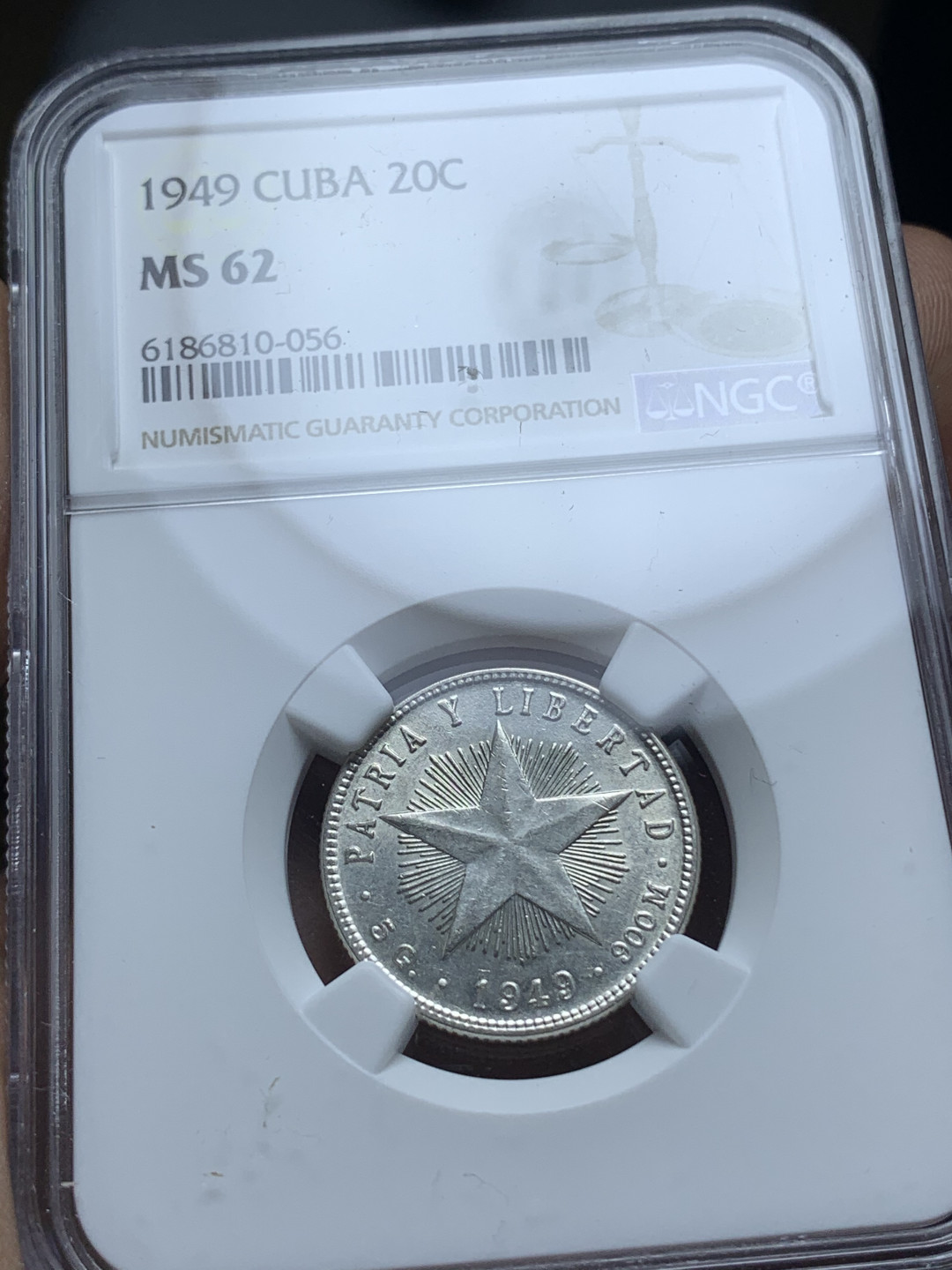 《竞宝斋》钱币微拍-第4场（0佣金包邮） NGC-MS62 古巴1949年 大五星 20分 原光 银币