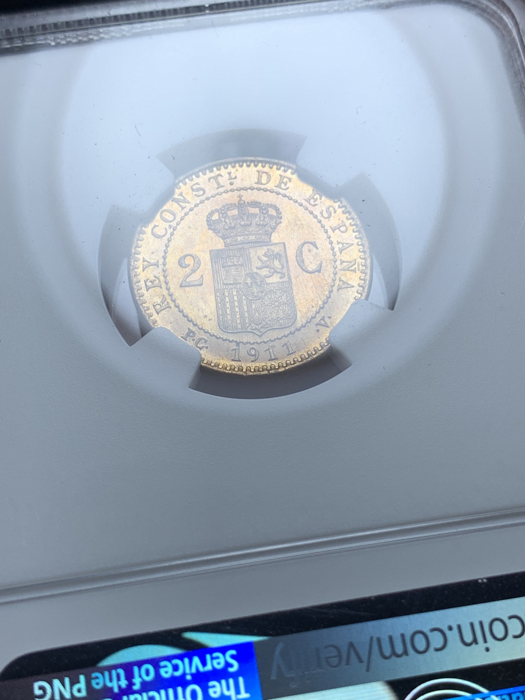 《竞宝斋》钱币微拍-第4场（0佣金包邮） NGC-MS63 西班牙1911年 阿方索十三世 2分 原光铜币