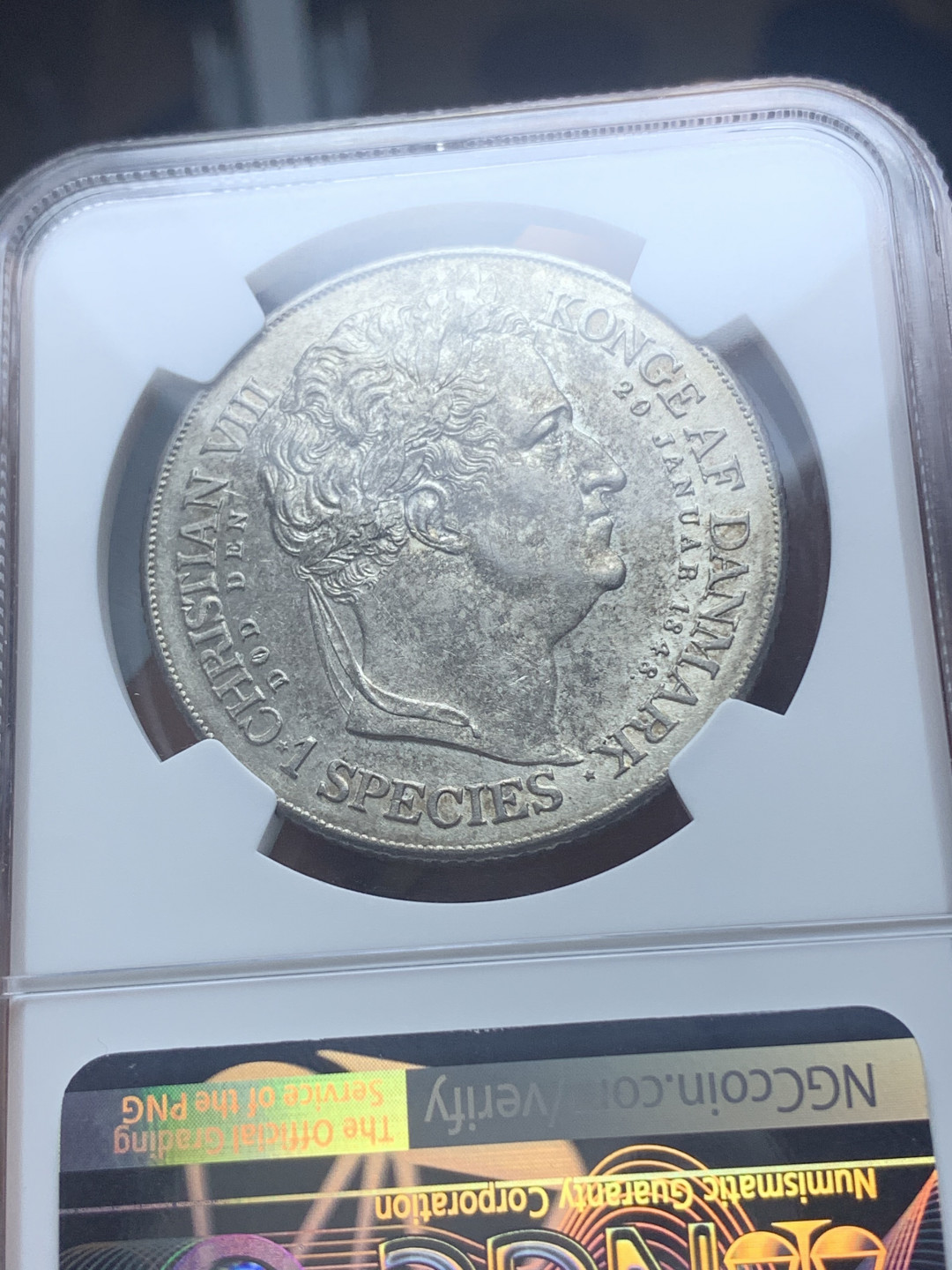 《竞宝斋》钱币微拍-第4场（0佣金包邮） NGC AU58 丹麦1848年克里斯蒂安七世逝世和弗雷德里克七世登基纪念1达勒大银币 发行量仅4.7W枚