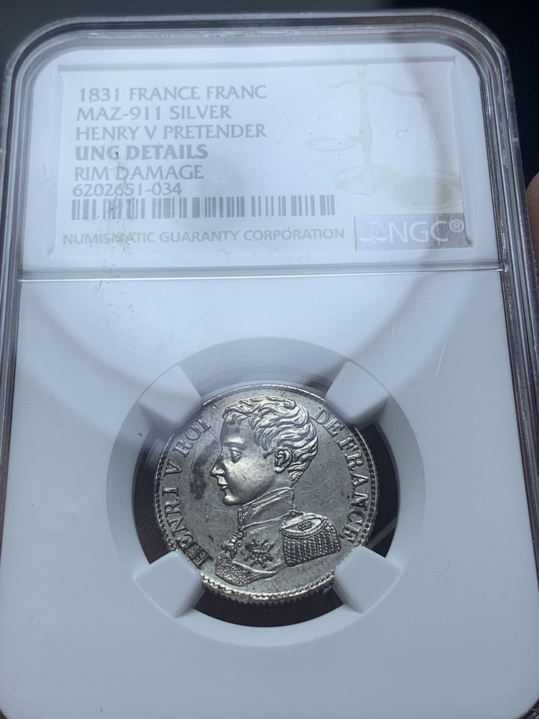 《竞宝斋》钱币微拍-第4场（0佣金包邮） NGC-UNC 法国 1831年 亨利五世 1法郎 银币 稀少品种