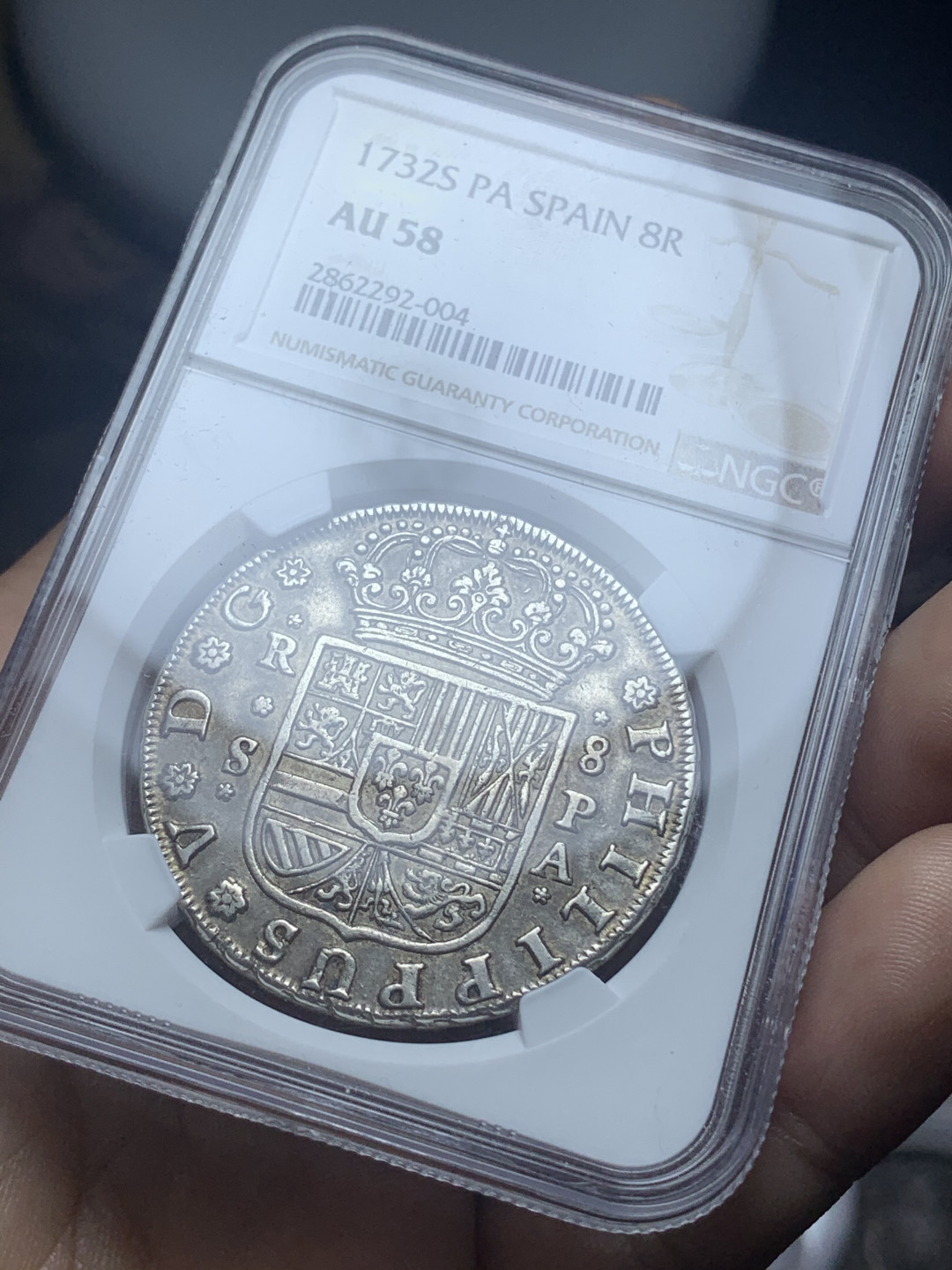 《竞宝斋》钱币微拍-第4场（0佣金包邮） NGC-AU58西班牙塞维利亚1732年 8R 十字大银币 第二名 此币因磨具问题全部弱打 第一名是MS64 HA2017售出 币面也全部弱打