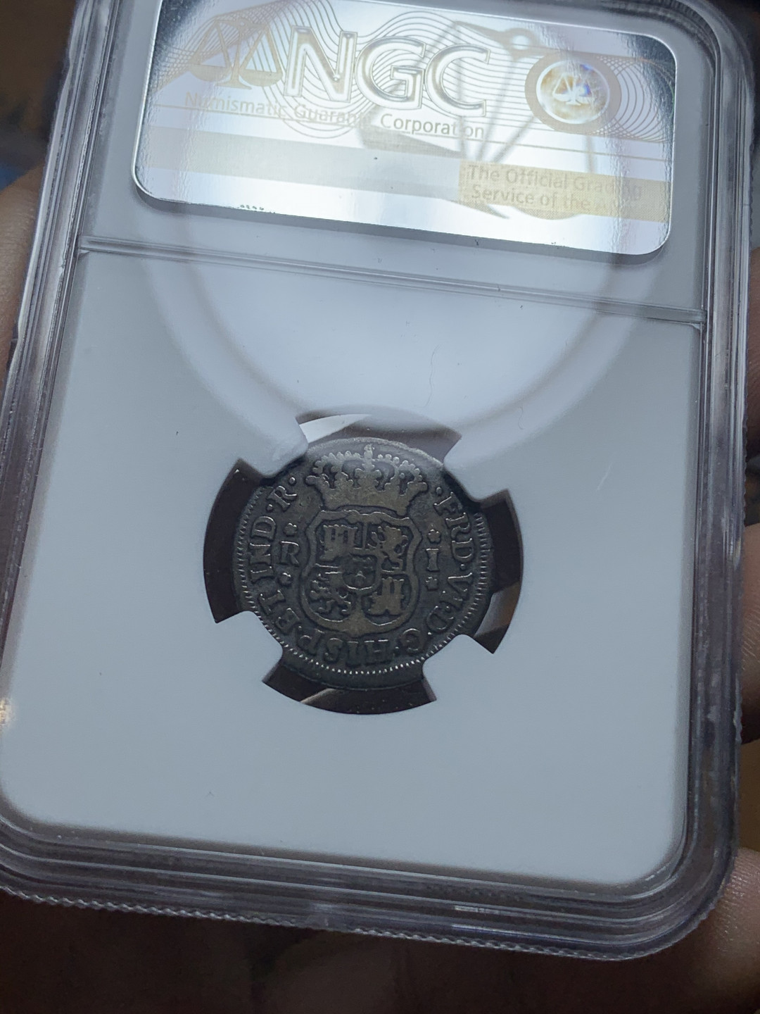 《竞宝斋》钱币微拍-第4场（0佣金包邮） NGC-FINE 墨西哥1753年费五 地球双柱 小银币 黑包浆 好味道