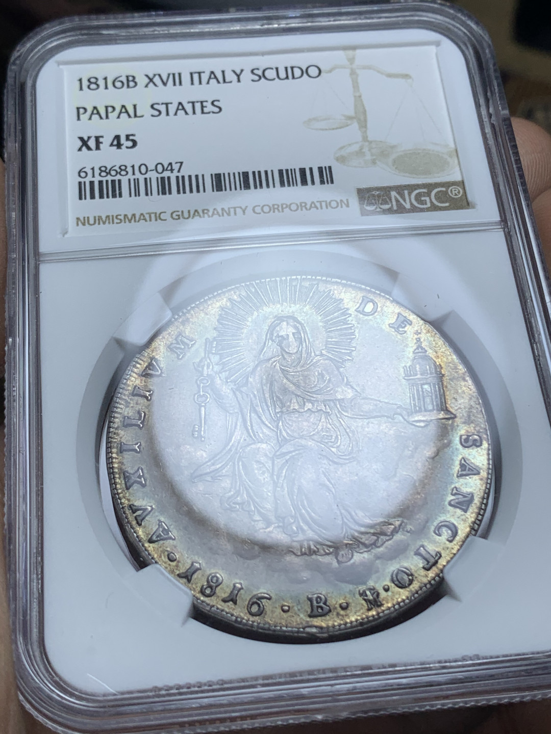 《竞宝斋》钱币微拍-第4场（0佣金包邮） NGC-XF45 意大利教皇国 1816年-B 斯库多 银币 顶级传世五彩包浆