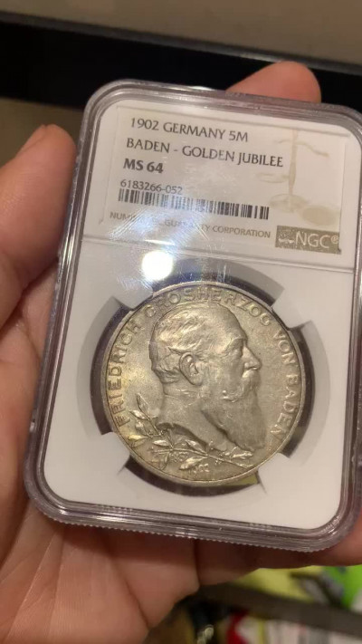 《竞宝斋》钱币微拍-第4场（0佣金包邮） NGC-MS64 德国巴登 1902年 50周年登基纪念 5马克银币 淡彩