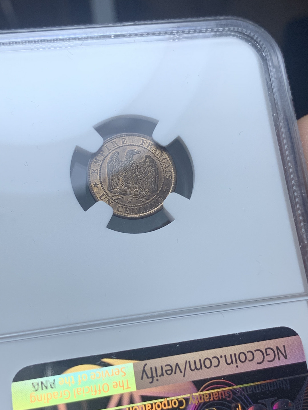 《竞宝斋》钱币微拍-第4场（0佣金包邮） NGC-MS64 法国拿三 1853年-W 1分 铜币 高分第三名