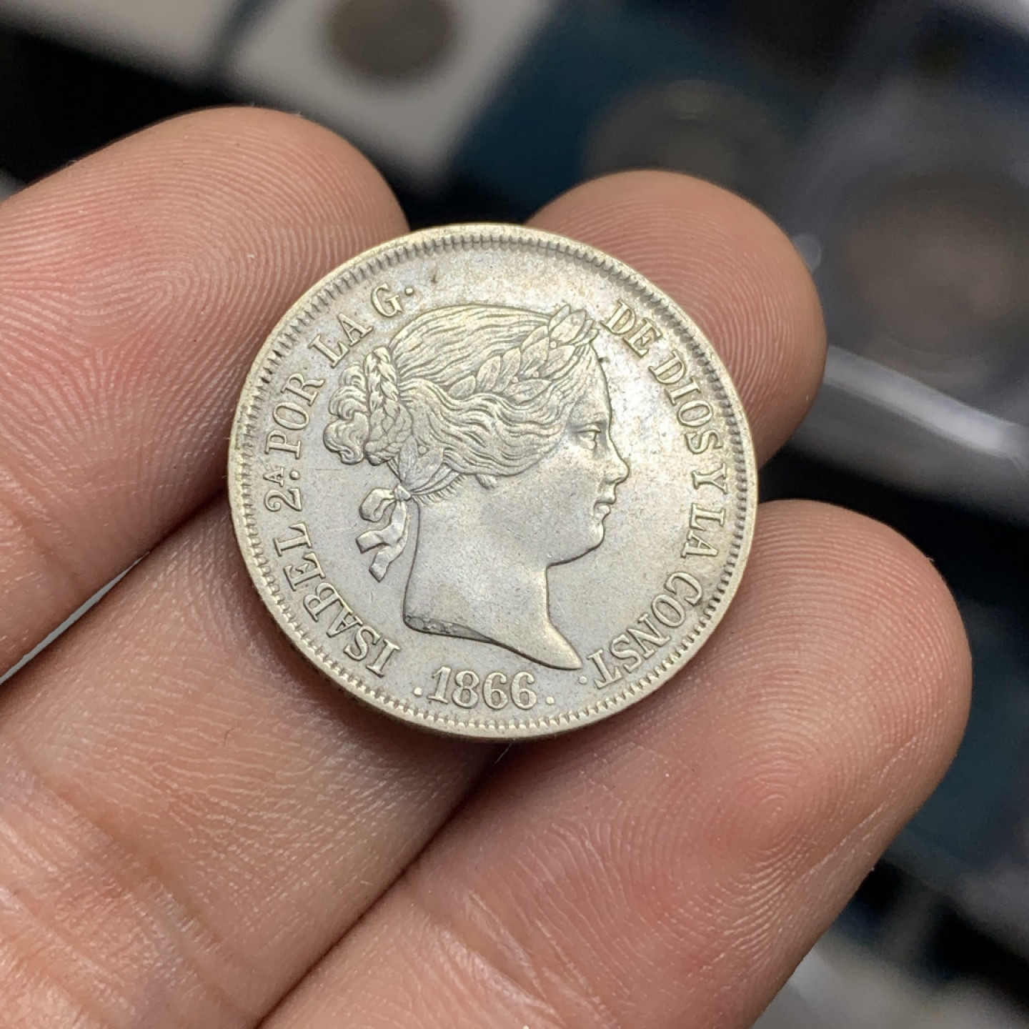 《竞宝斋》钱币微拍-第4场（0佣金包邮） 西班牙 原味猪妹妹1866年 马德里造 40分 银币 银币重量： 5g 直径：23.5 mm