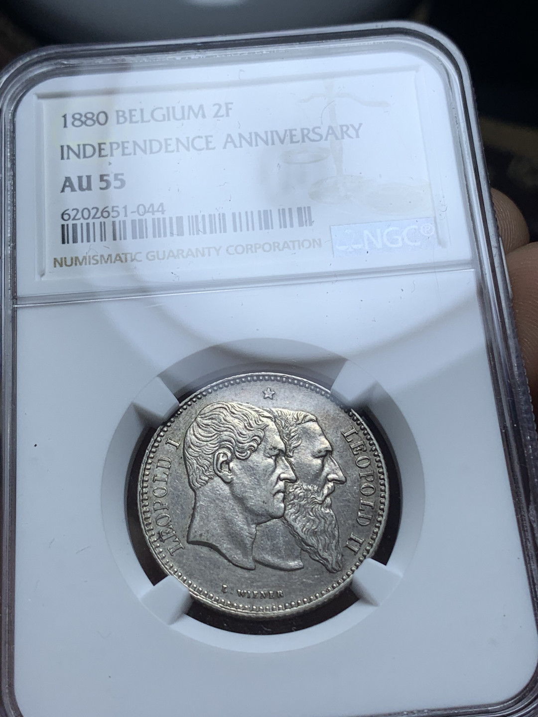 《竞宝斋》钱币微拍-第4场（0佣金包邮） NGC-AU55 比利时1880年 50周年独立纪念 2法郎 银币 好品稀少