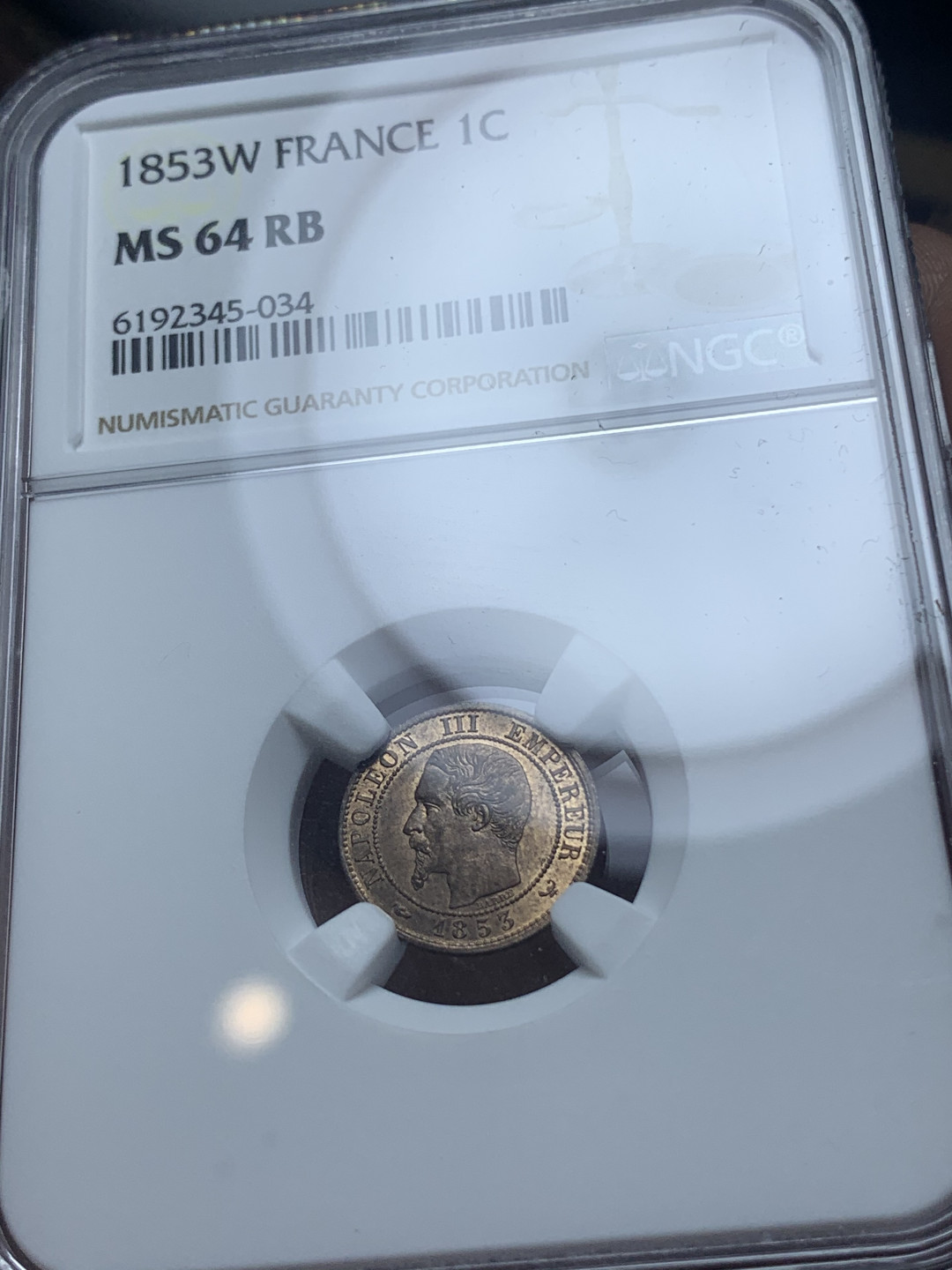 《竞宝斋》钱币微拍-第4场（0佣金包邮） NGC-MS64 法国拿三 1853年-W 1分 铜币 高分第三名