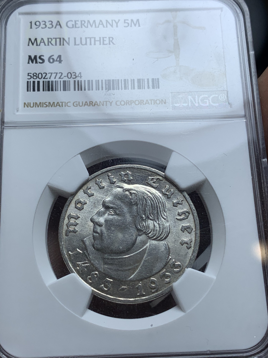 《竞宝斋》钱币微拍-第4场（0佣金包邮） NGC-MS64 德国 1933年 马丁路德 5马克 银币 收藏级品相