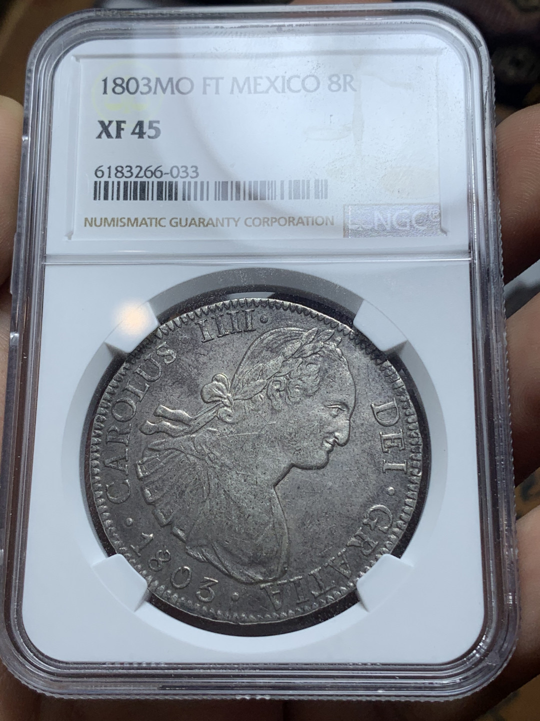 《竞宝斋》钱币微拍-第4场（0佣金包邮） NGC-XF45 墨西哥1803年 卡洛斯四世 双柱 原味老包浆 银币