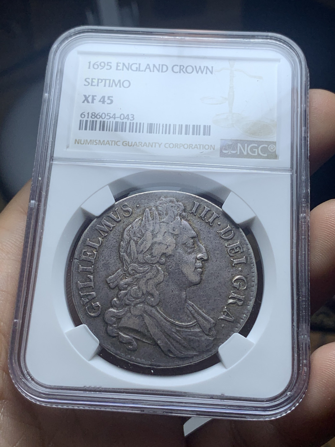 《竞宝斋》钱币微拍-第4场（0佣金包邮） NGC-XF45 英国1695年 威廉三世 原味黑包浆 克朗 大银币  HA二月份30分成交价564刀, 20年12月份XFD 成交价516刀