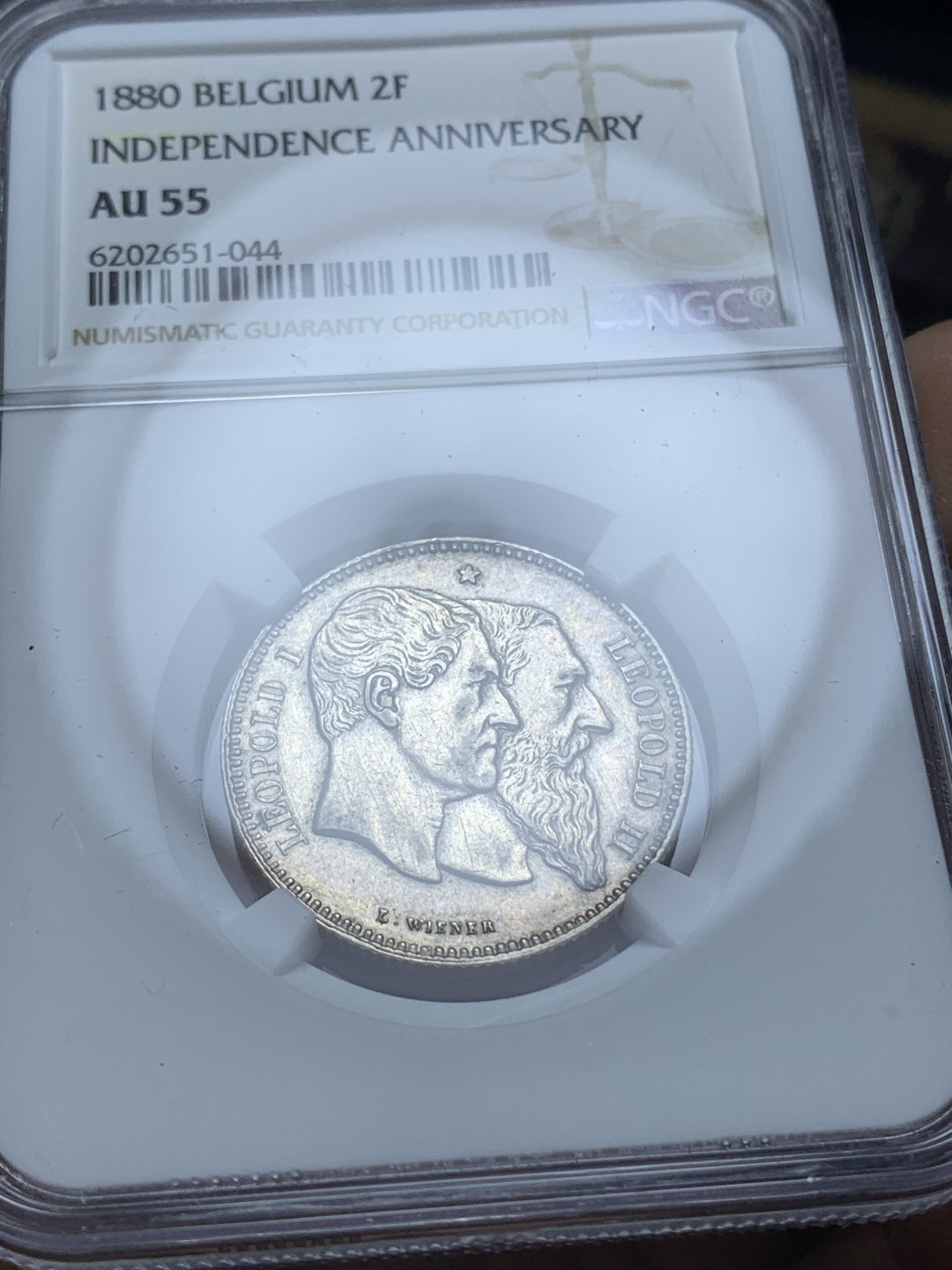 《竞宝斋》钱币微拍-第4场（0佣金包邮） NGC-AU55 比利时1880年 50周年独立纪念 2法郎 银币 好品稀少