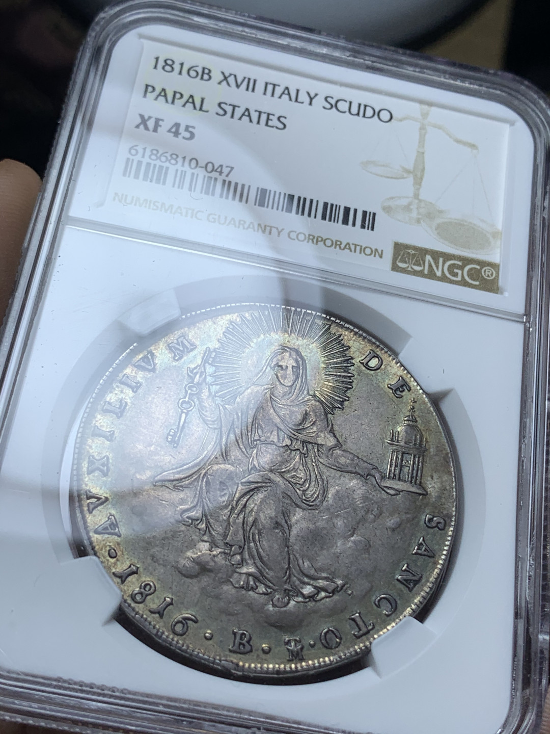 《竞宝斋》钱币微拍-第4场（0佣金包邮） NGC-XF45 意大利教皇国 1816年-B 斯库多 银币 顶级传世五彩包浆