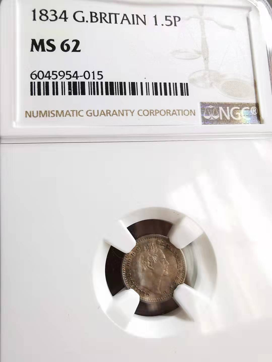 凡希社世界钱币微拍第一百七十期 1834英国威四1.5便士银NGC-MS62用于美洲殖民地
