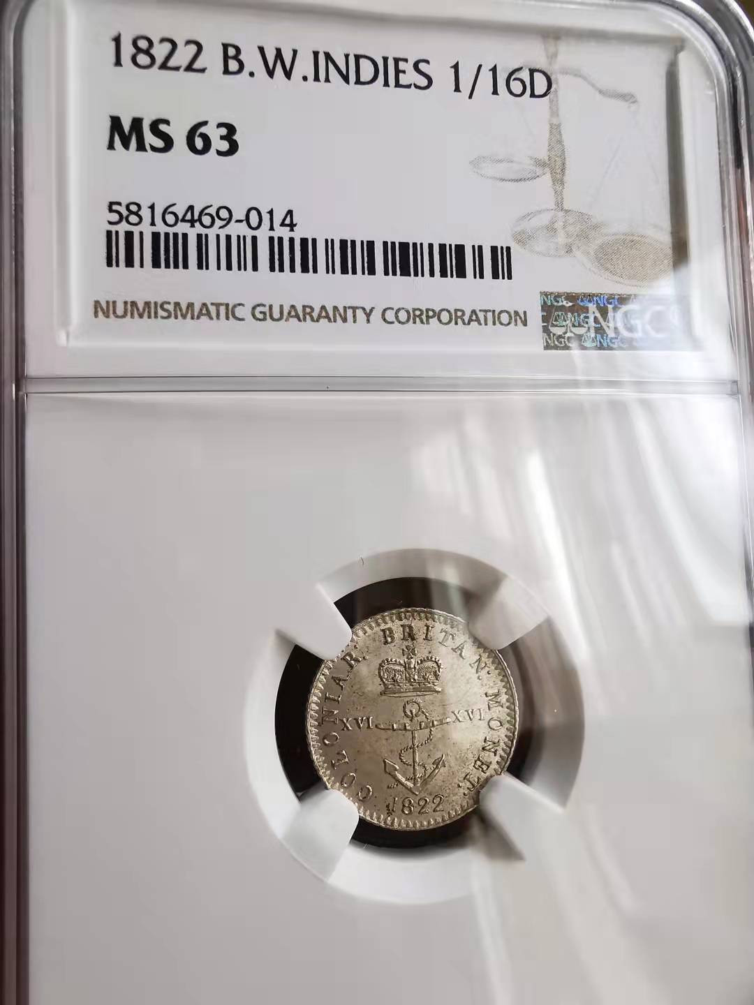 凡希社世界钱币微拍第一百七十期 1822英属西印度锚币1/16元NGC-MS63