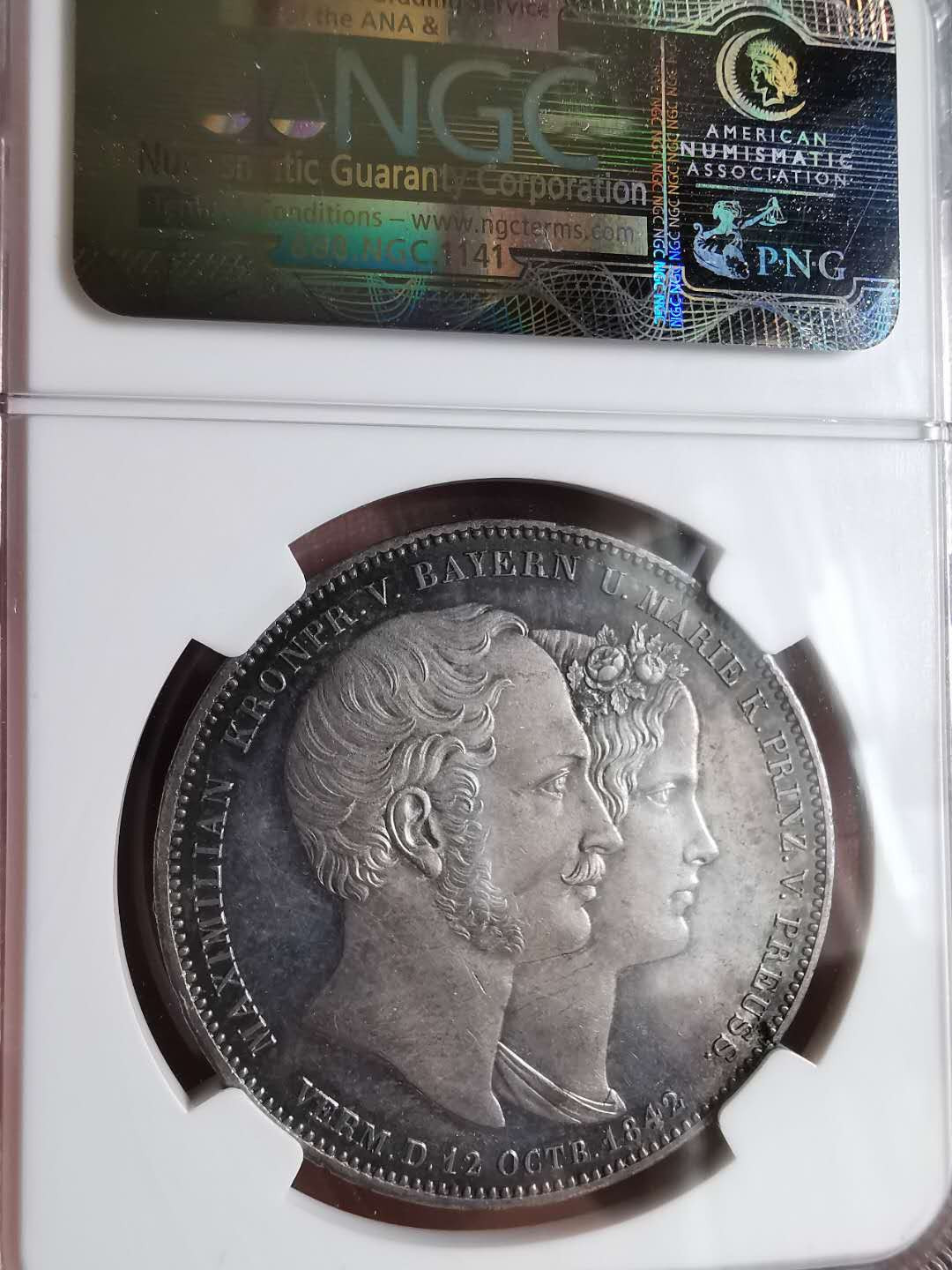 凡希社世界钱币微拍第一百七十期 荐！1842巴伐利亚王室婚礼纪念两泰勒NGC-MS63铁灰蓝收藏级！