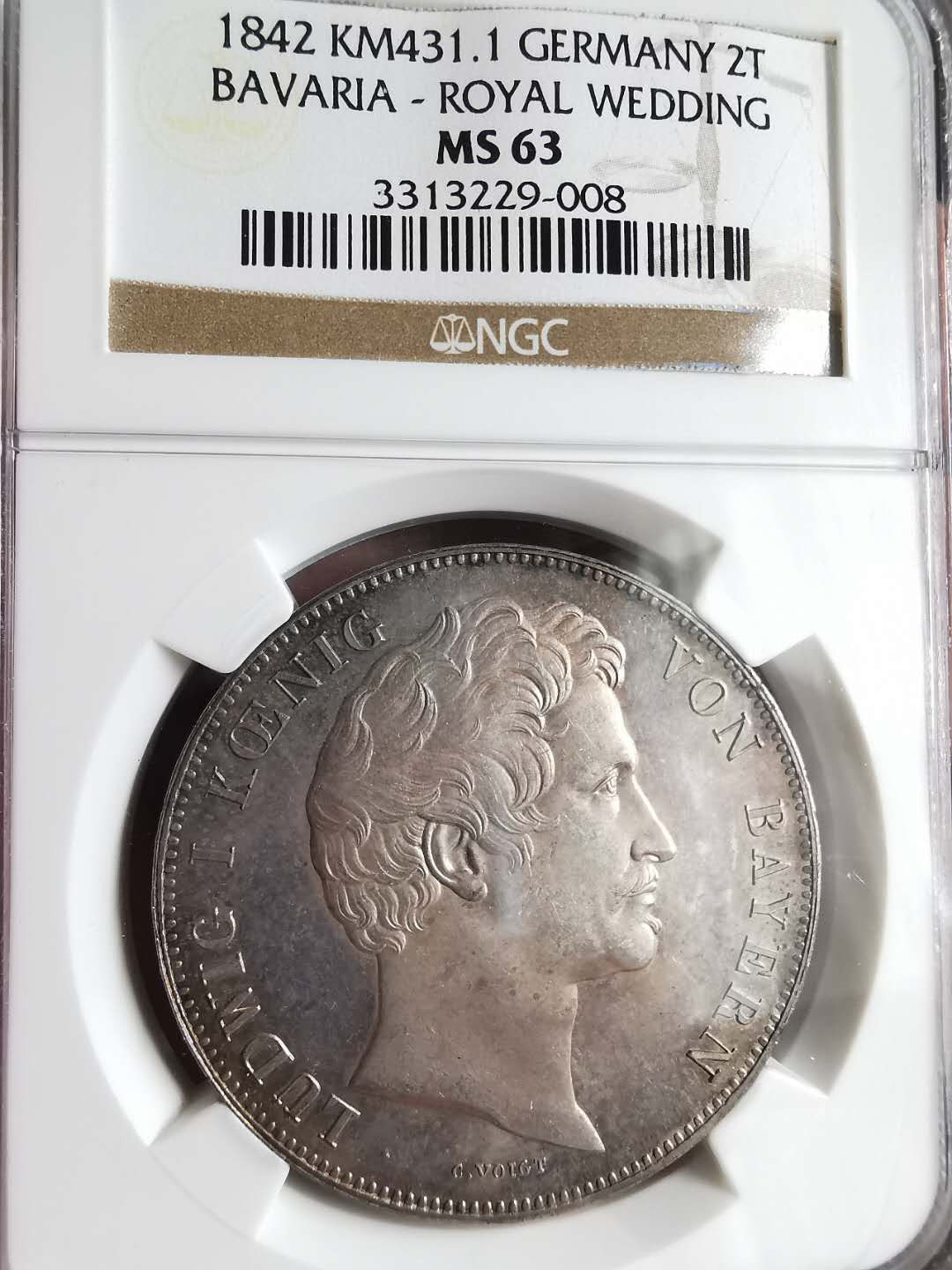 凡希社世界钱币微拍第一百七十期 荐！1842巴伐利亚王室婚礼纪念两泰勒NGC-MS63铁灰蓝收藏级！
