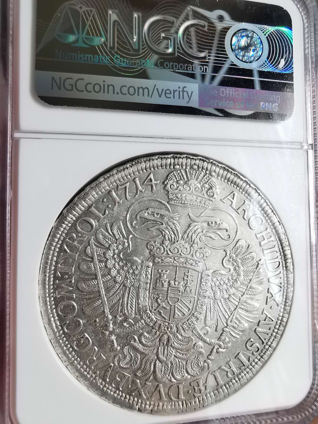 凡希社世界钱币微拍第一百七十期 荐！1714神罗维也纳卡尔六世泰勒大银NGC-MS63原色银光！