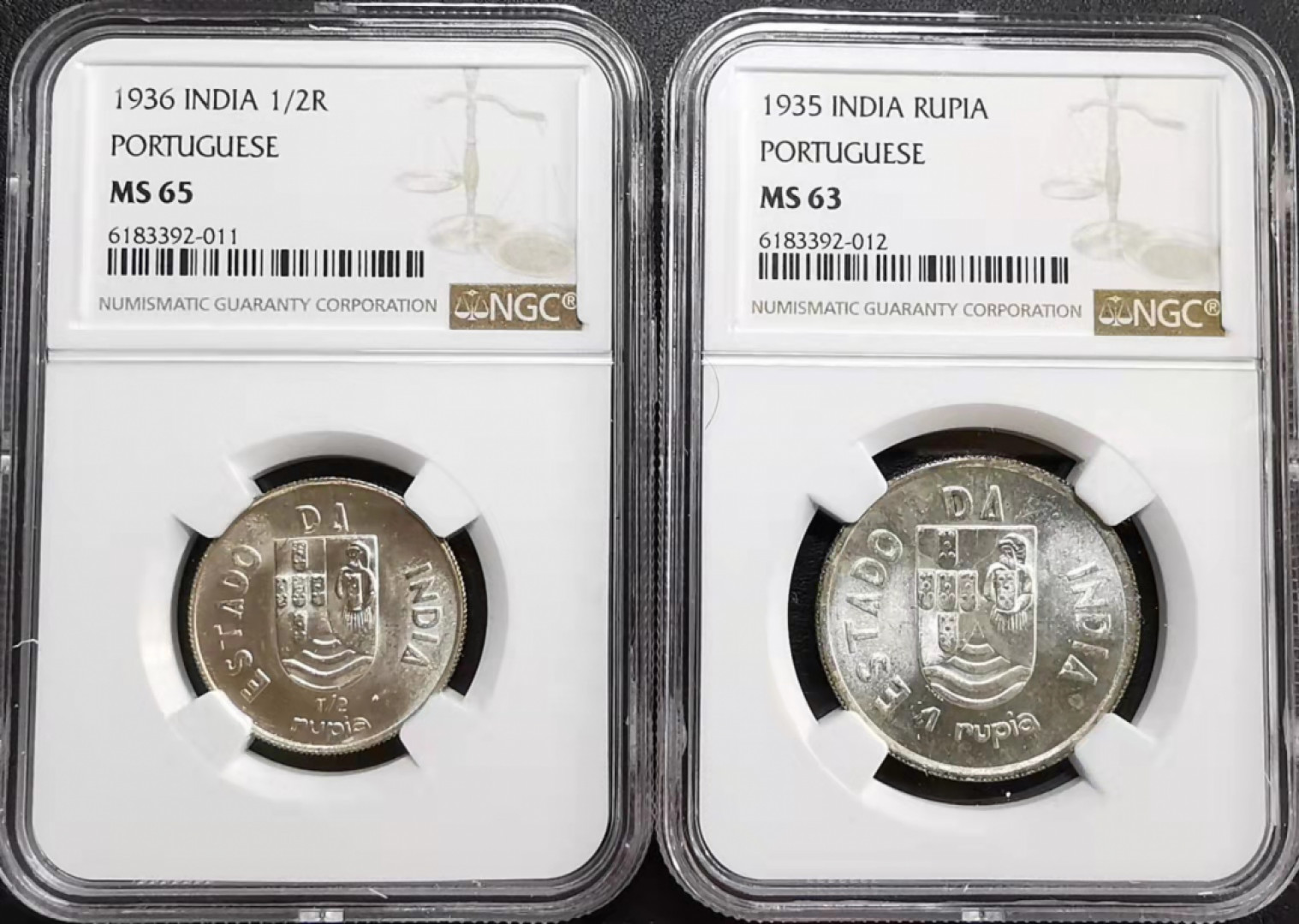 凡希社世界钱币微拍第一百七十期 1935/36葡属印度卢比半卢比一对NGC-MS63/65