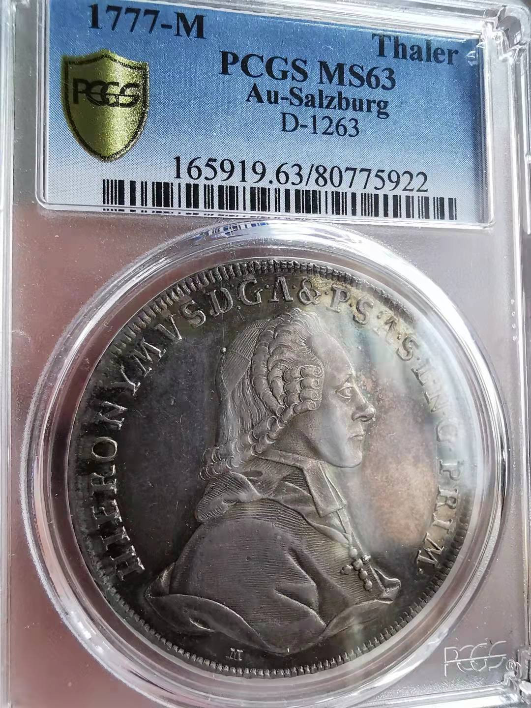 凡希社世界钱币微拍第一百七十期 荐！1777萨尔茨堡亲王大主教希罗尼穆斯泰勒大银PCGS-MS63紫罗兰包浆精彩！
