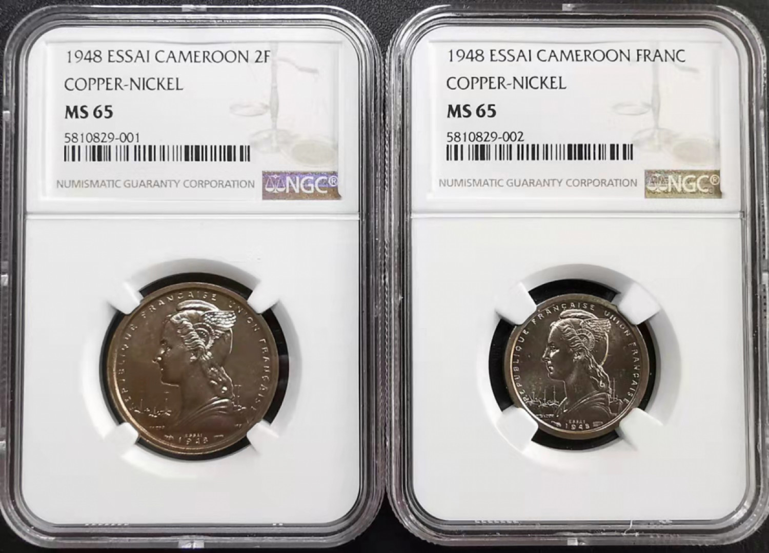 凡希社世界钱币微拍第一百七十期 1948喀麦隆样币两枚套NGC-MS65