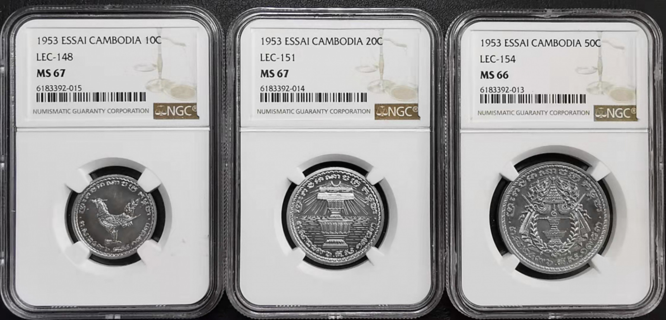 凡希社世界钱币微拍第一百七十期 稀！1953柬埔寨样币三枚套NGC-MS67/66/66高分热门品种！