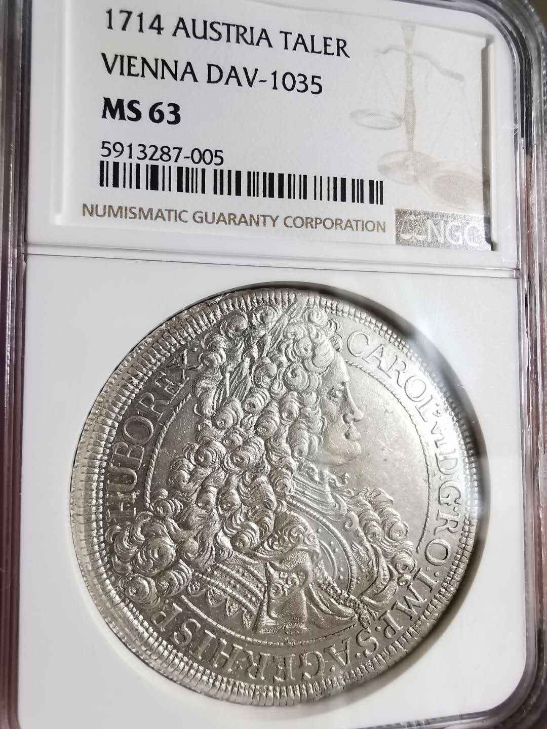 凡希社世界钱币微拍第一百七十期 荐！1714神罗维也纳卡尔六世泰勒大银NGC-MS63原色银光！