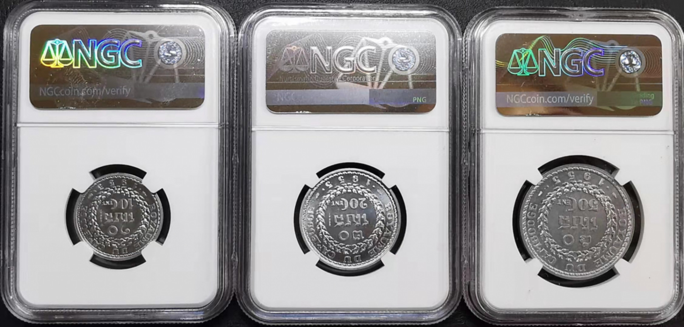 凡希社世界钱币微拍第一百七十期 稀！1953柬埔寨样币三枚套NGC-MS67/66/66高分热门品种！