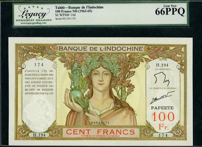 【Blue Auction】世界纸币精拍第122期——四面佛（共75拍） - 【冠军分 实钞好品非常稀少】塔希提1963-65年 100法郎 四面佛 高棉的微笑 法属精品 LCG66EPQ 绝品