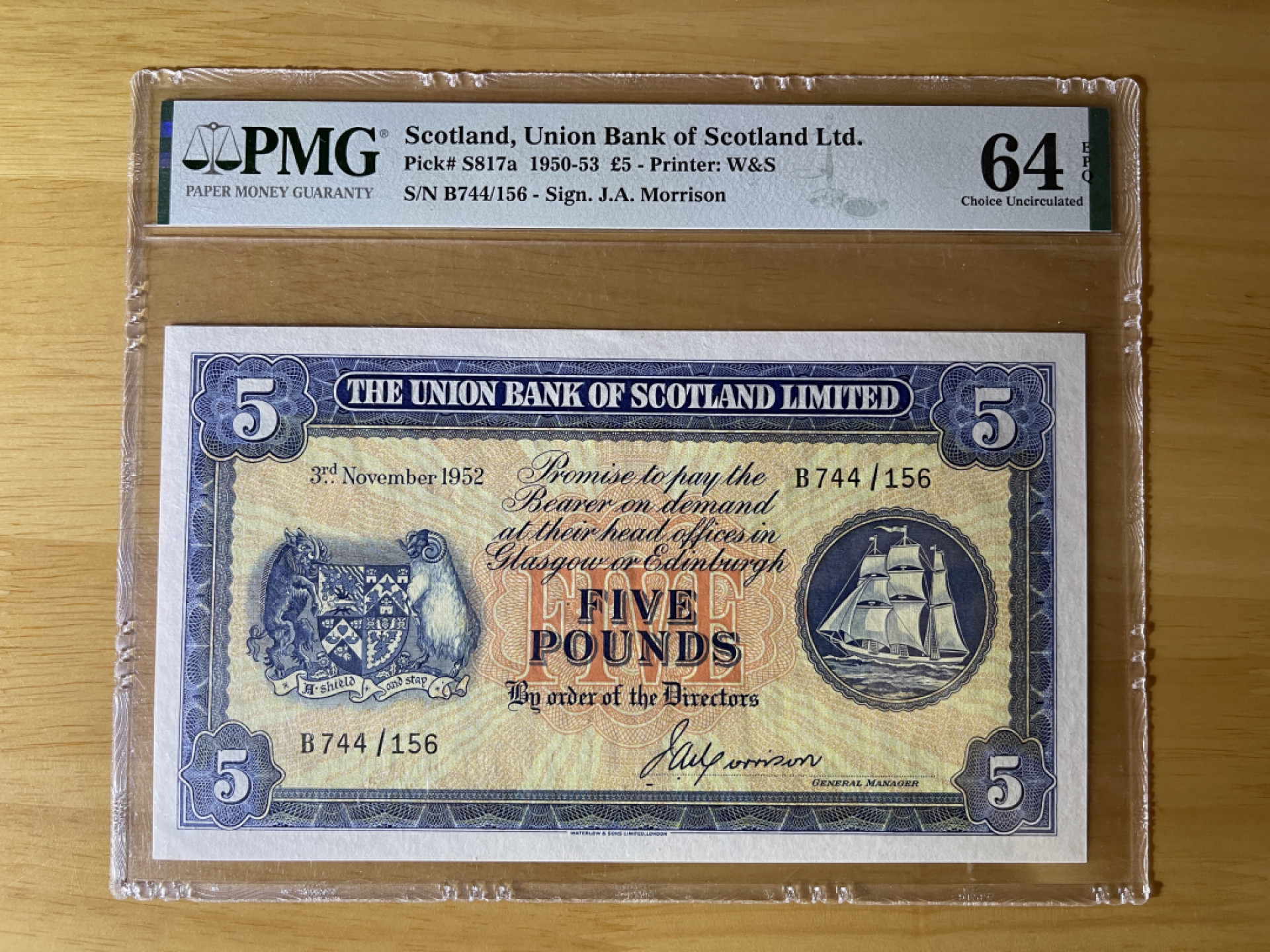《张总收藏》36期—欧洲精品 苏格兰5镑 PMG64 1952年 稀少老版本 大票幅