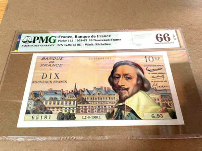 【Blue Auction】世界纸币精拍第123期——路易十三的宠臣（共75拍） - 法国 稀少年份 1960年10新法郎 PMG66EPQ 经典红衣主教  外交家、政治家黎塞留 PMG66EPQ