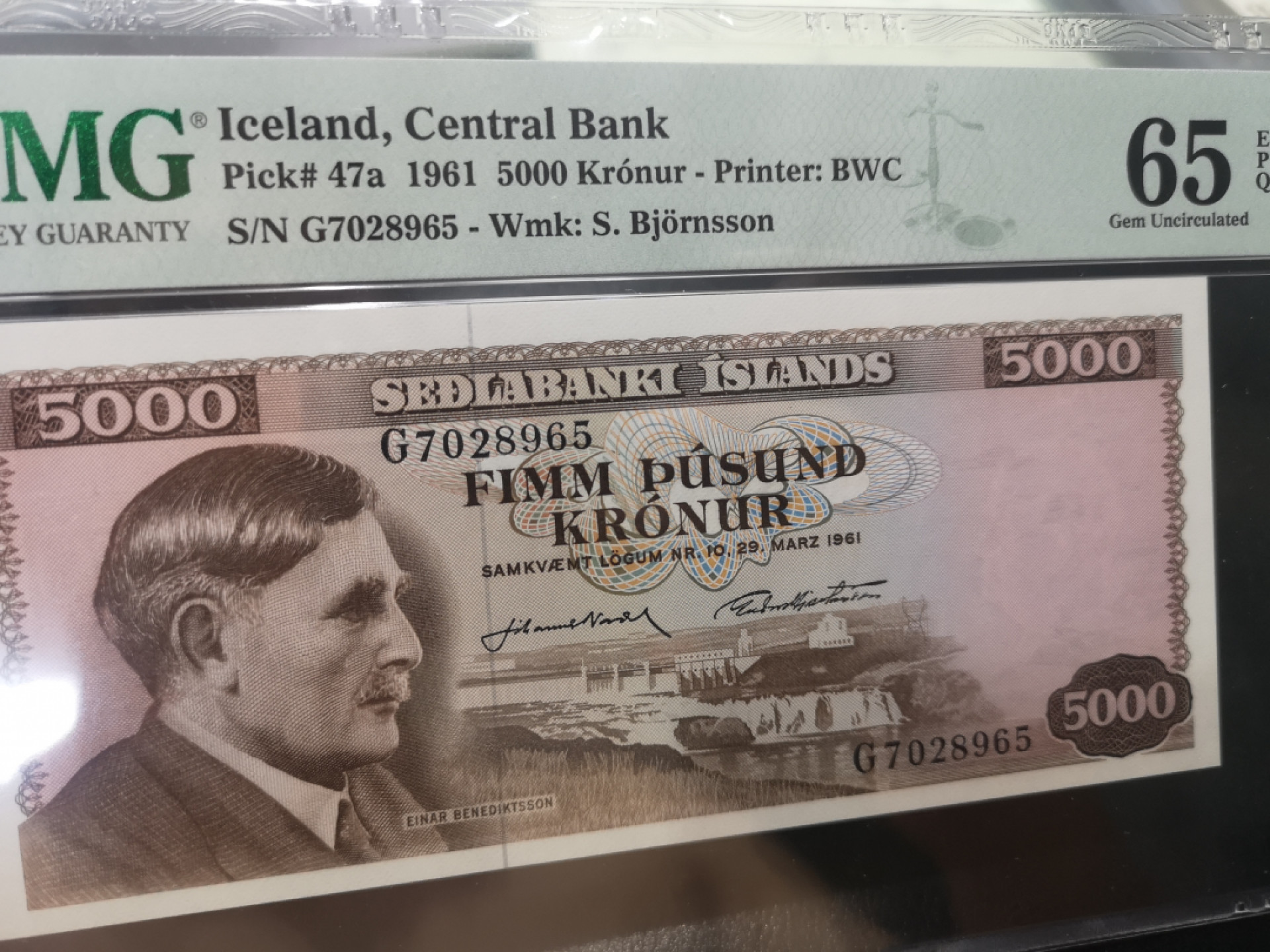 《外钞收藏家》第一百二十八期拍卖 1961年冰岛5000克朗 PMG65 BWC印钞
