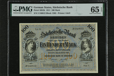 亘邦收藏 第85期（共86项） - 1911年 德国 100马克 PMG 65EPQ 240812
