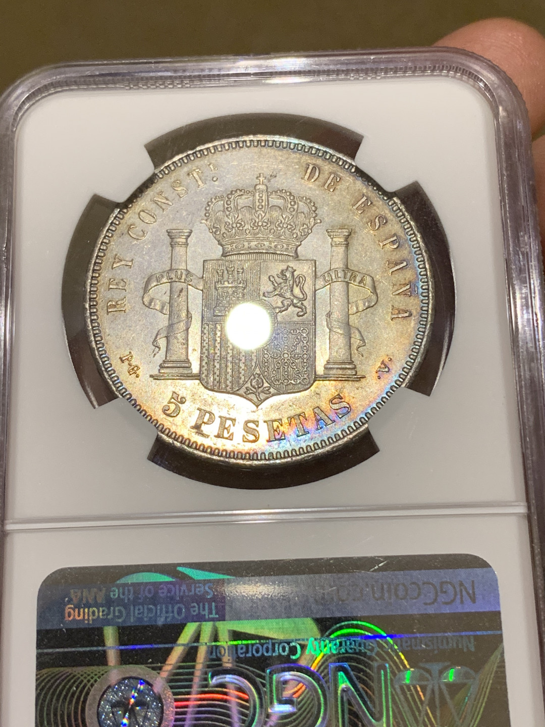 《竞宝斋》钱币微拍-第5场（0佣金包邮） NGC-MS62 西班牙1894年 爆炸头 5比塞塔 环彩 转光 同分里面的顶级状态