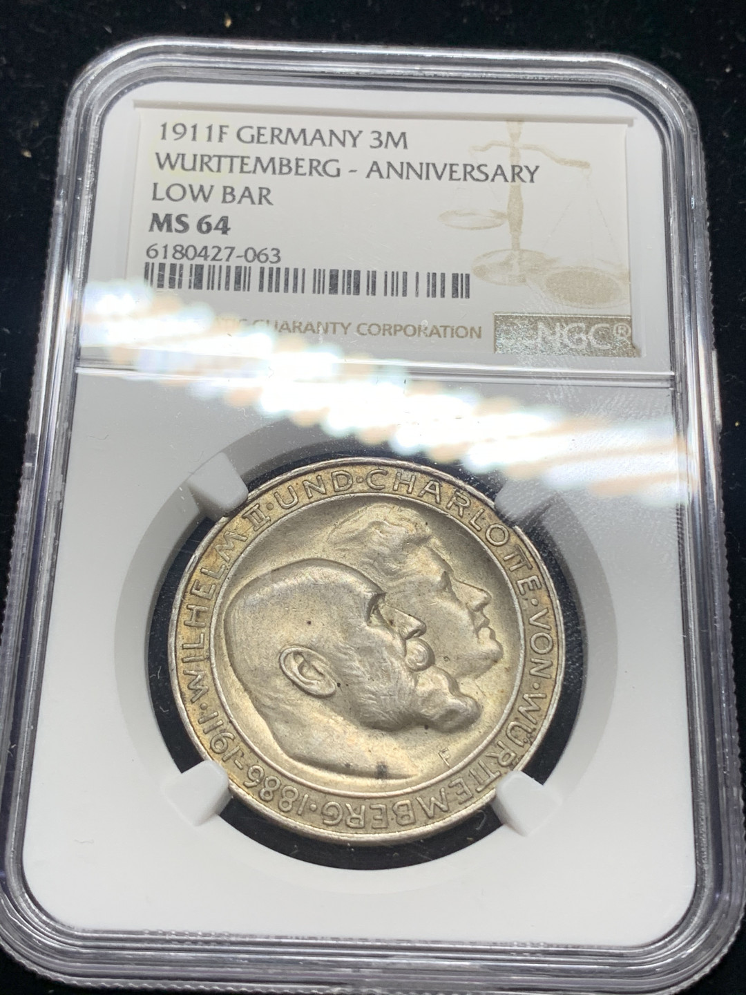 《竞宝斋》钱币微拍-第5场（0佣金包邮） NGC-MS64 德国符腾堡  1911年  银婚 3马克银币