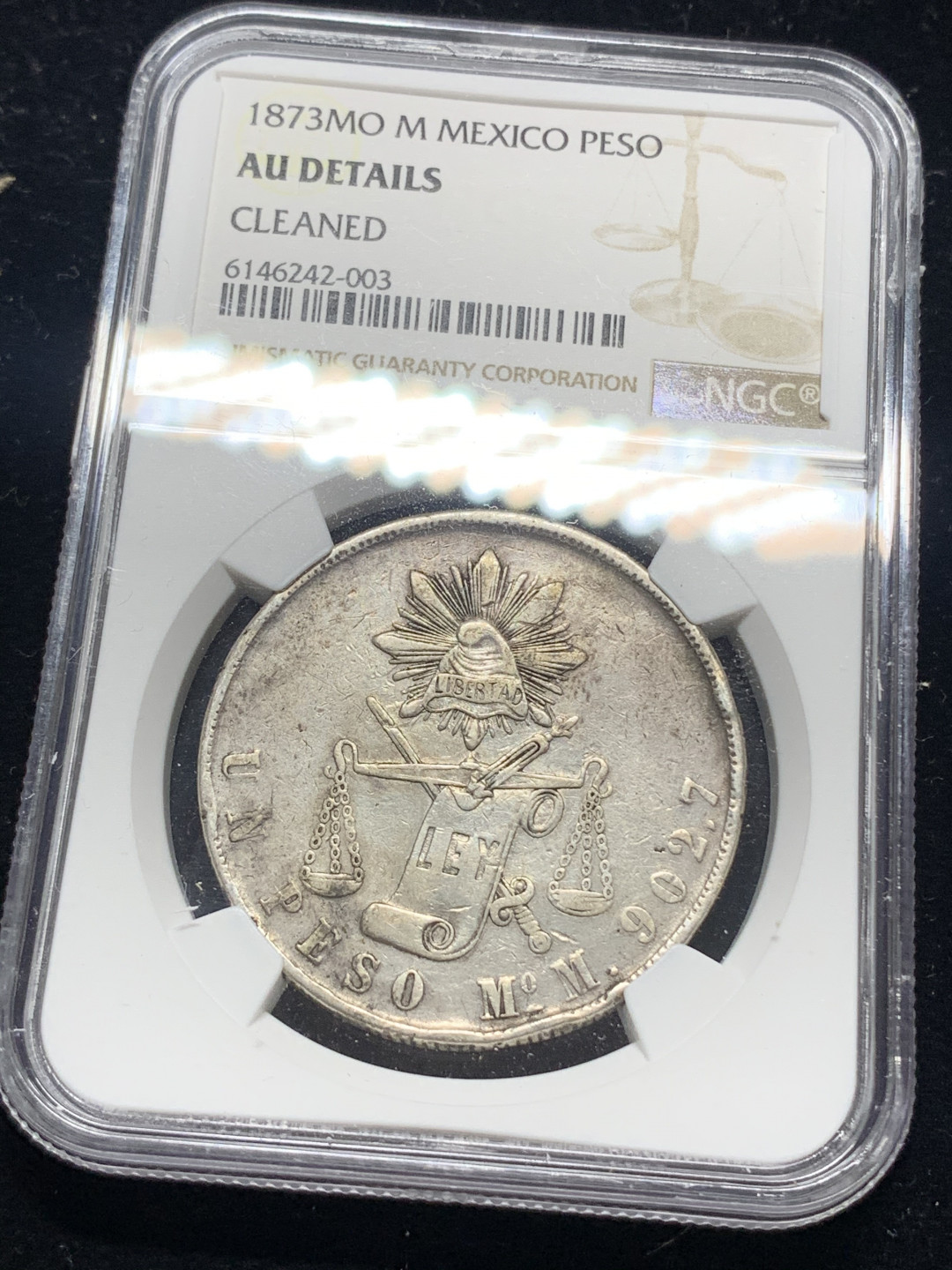 《竞宝斋》钱币微拍-第5场（0佣金包邮） NGC-AU原味难上分 墨西哥 天平鹰洋  1873 MO 1比索银币