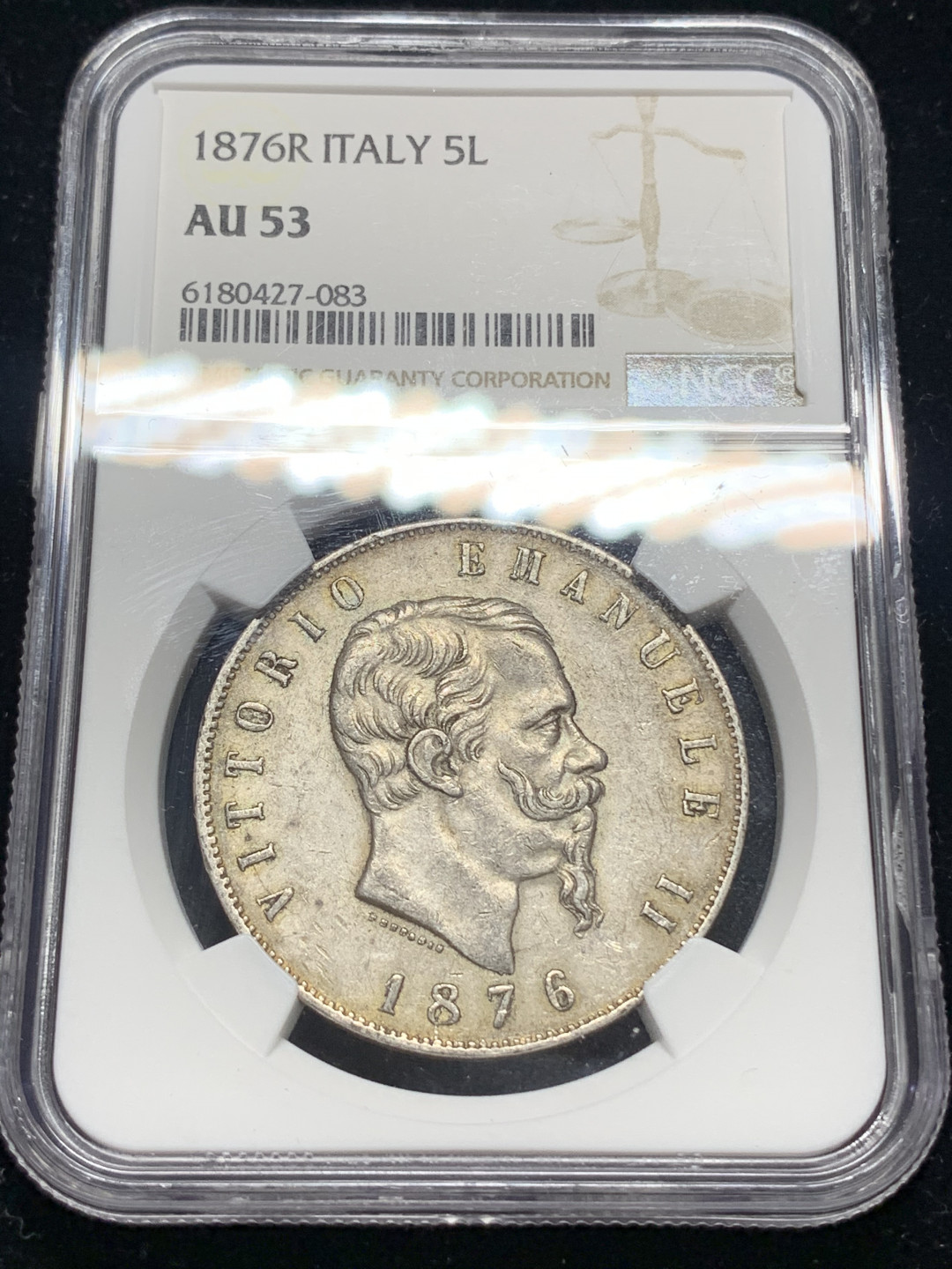 《竞宝斋》钱币微拍-第5场（0佣金包邮） NGC AU53 意大利 1876年 5里拉 大银币