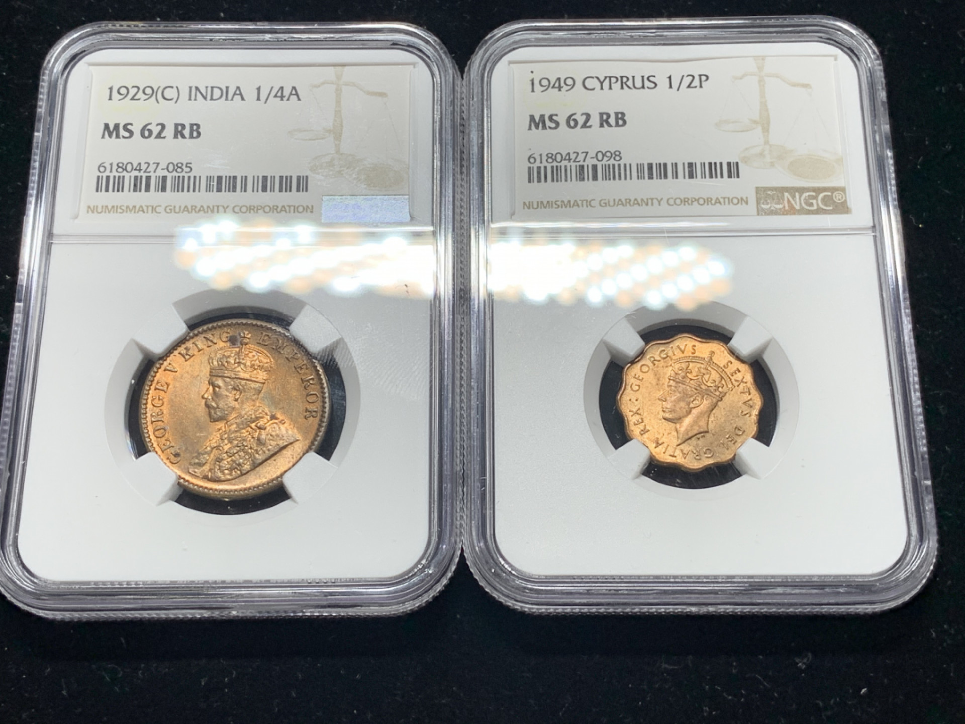 《竞宝斋》钱币微拍-第5场（0佣金包邮） 英属印度，英属塞浦路斯 NGC-MS62 铜币一对