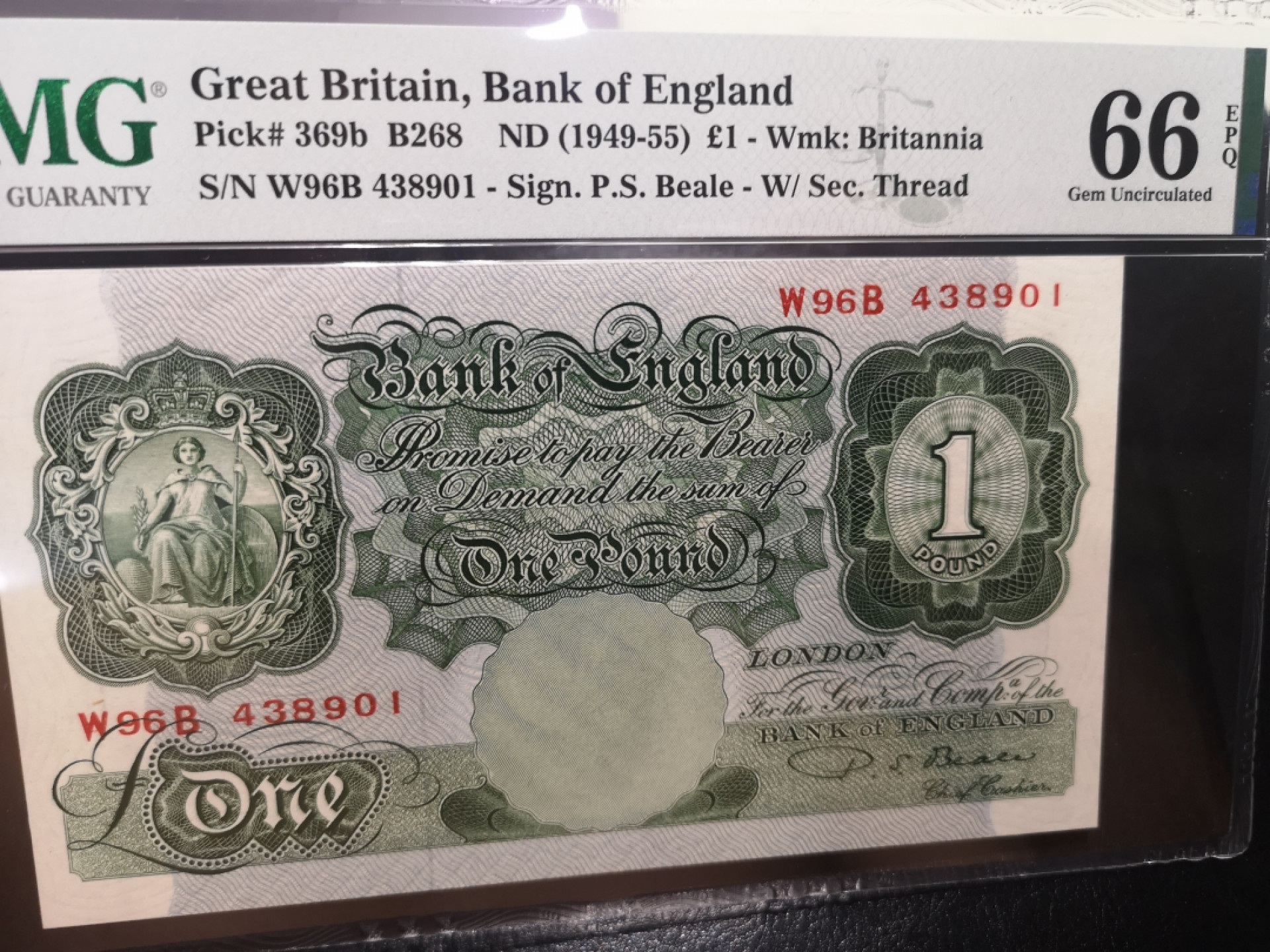 《外钞收藏家》第一百二十八期拍卖 1949-55年 A序列1镑 PMG66