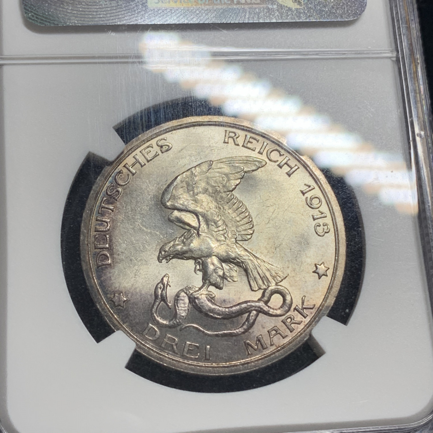 《竞宝斋》钱币微拍-第5场（0佣金包邮） NGC MS63 德国普鲁士 普法战争 战胜拿破仑 3马克银币 高浮雕细节，五彩包浆，难得藏品