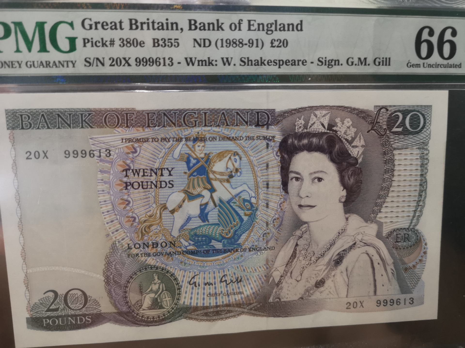 《外钞收藏家》第一百二十八期拍卖 1988-91年 D序列20镑 PMG66 无47 莎翁水印