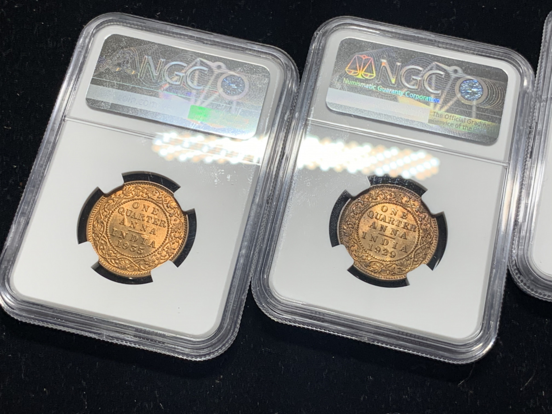 《竞宝斋》钱币微拍-第5场（0佣金包邮） 3枚一起，NGC-MS63  1928、1929、1935英属印度 1/4A 铜币