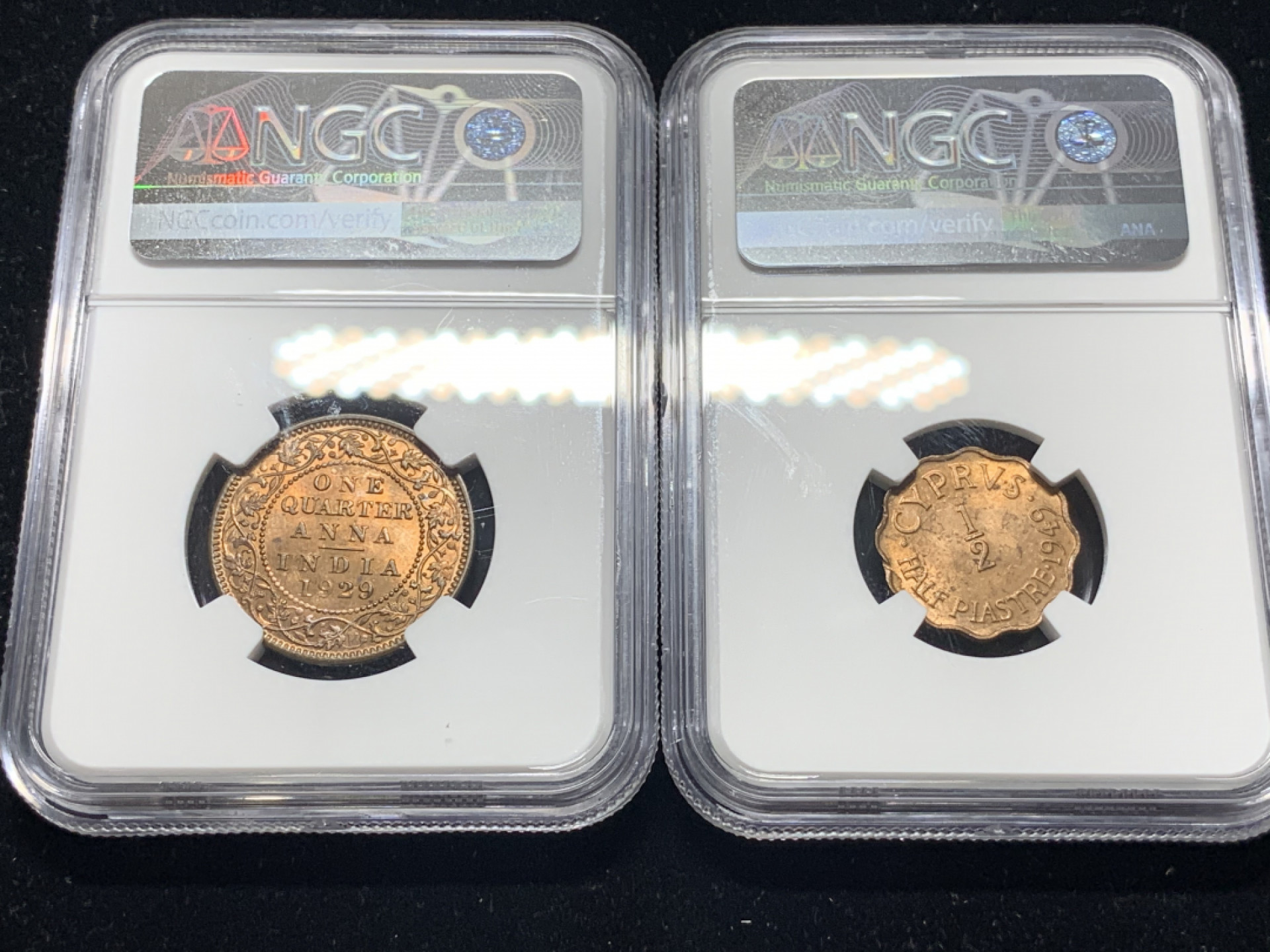 《竞宝斋》钱币微拍-第5场（0佣金包邮） 英属印度，英属塞浦路斯 NGC-MS62 铜币一对