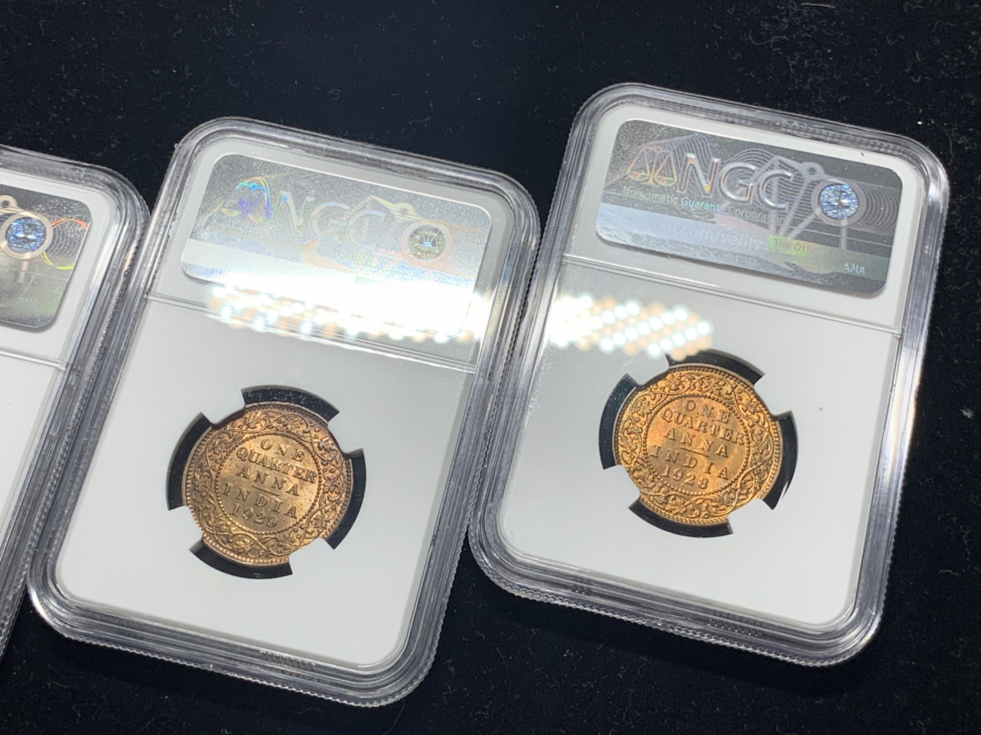 《竞宝斋》钱币微拍-第5场（0佣金包邮） 3枚一起，NGC-MS63  1928、1929、1935英属印度 1/4A 铜币