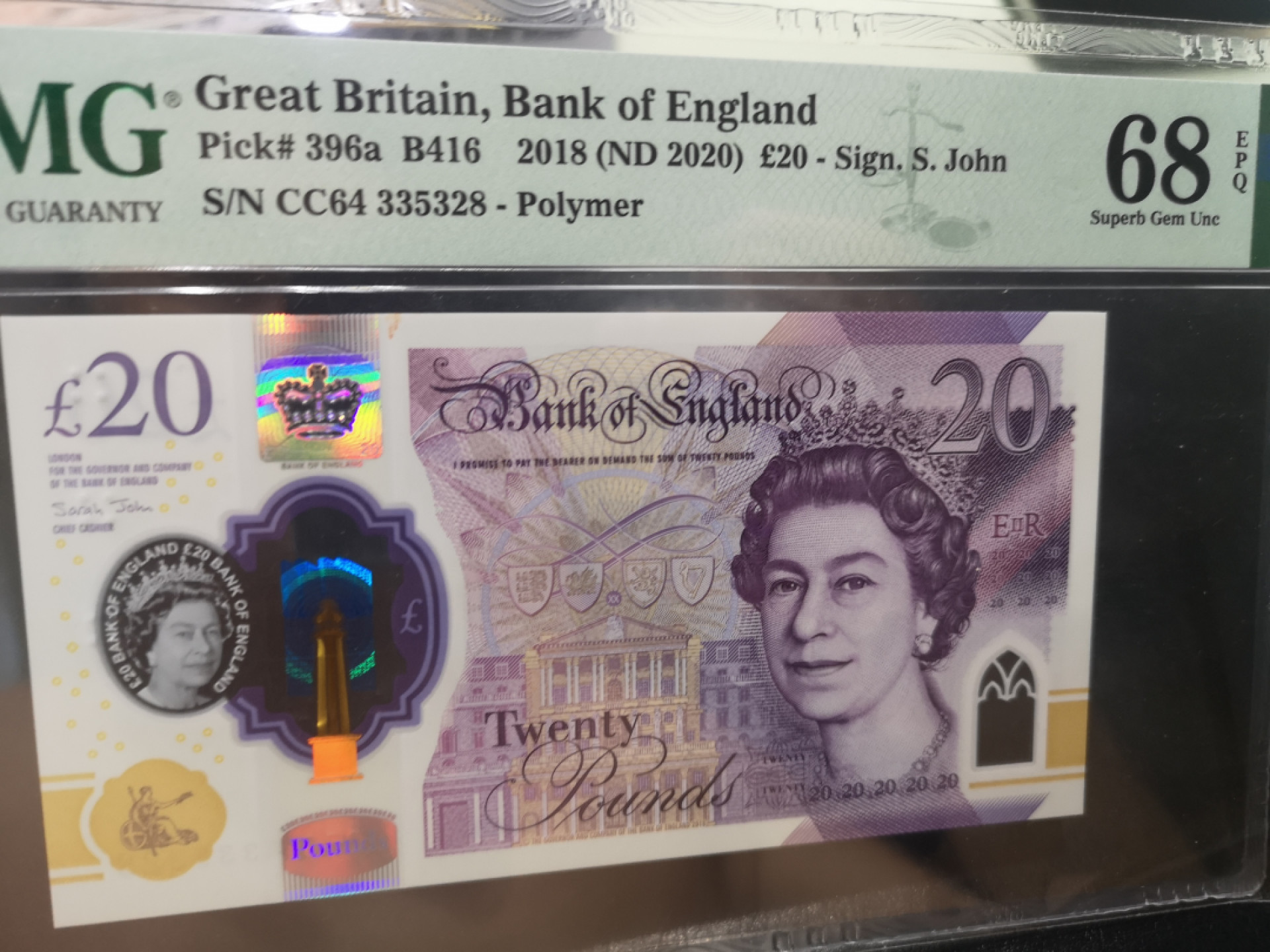 《外钞收藏家》第一百二十八期拍卖 2018年英国最新版20镑塑料钞 PMG68超高分 尾8