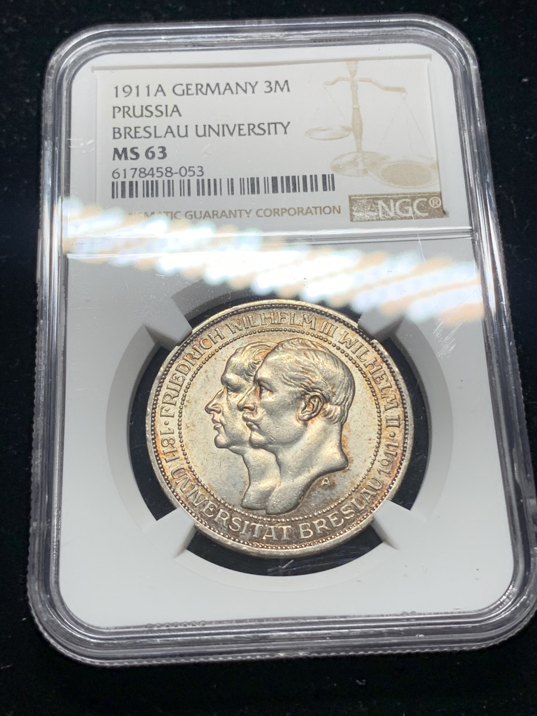 《竞宝斋》钱币微拍-第5场（0佣金包邮） NGC-MS63 德国普鲁士1911年  A版布  莱斯劳大学  3马克银币